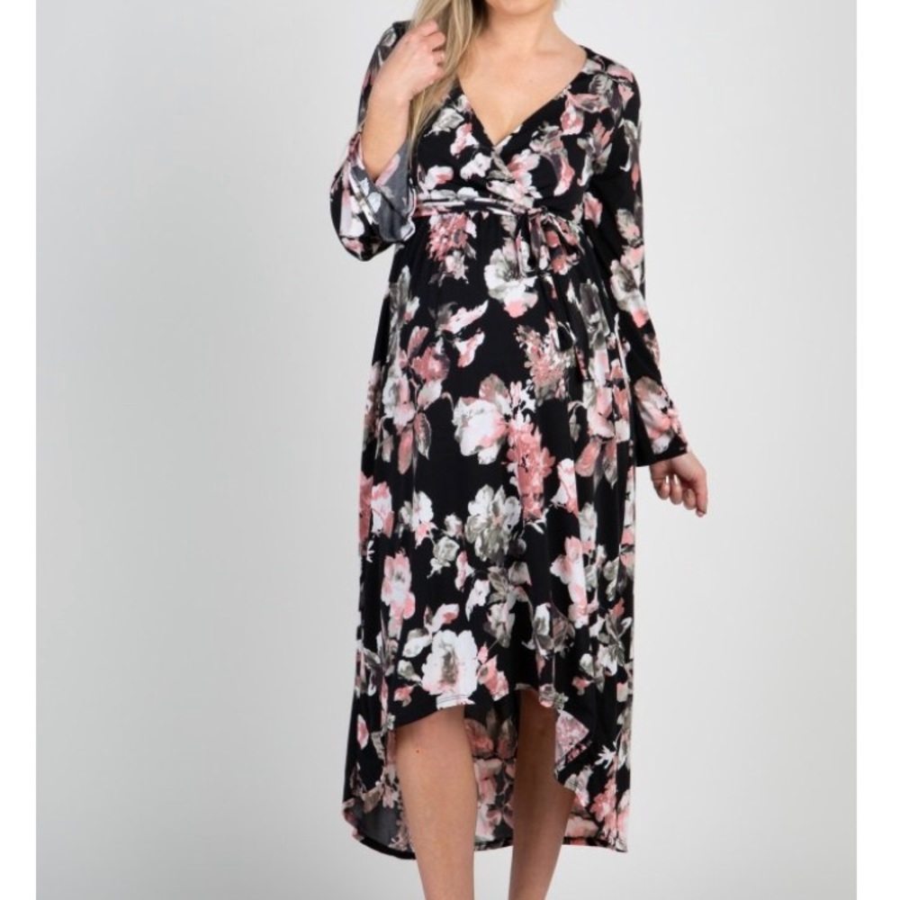 Black floral maternity high low dress